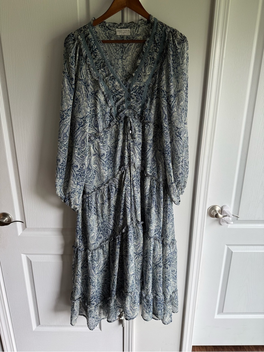 Dress Forum Blue and White Paisley Tiered Long Sleeve Maxi Dress